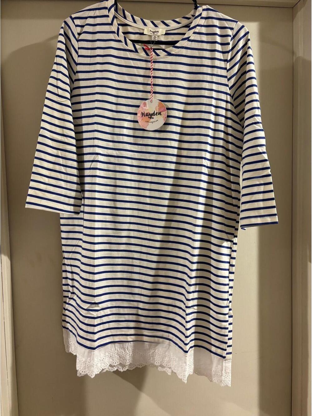 Hayden LA Striped T Shirt Dress Lace Hem Coastal Boho Tunic Medium